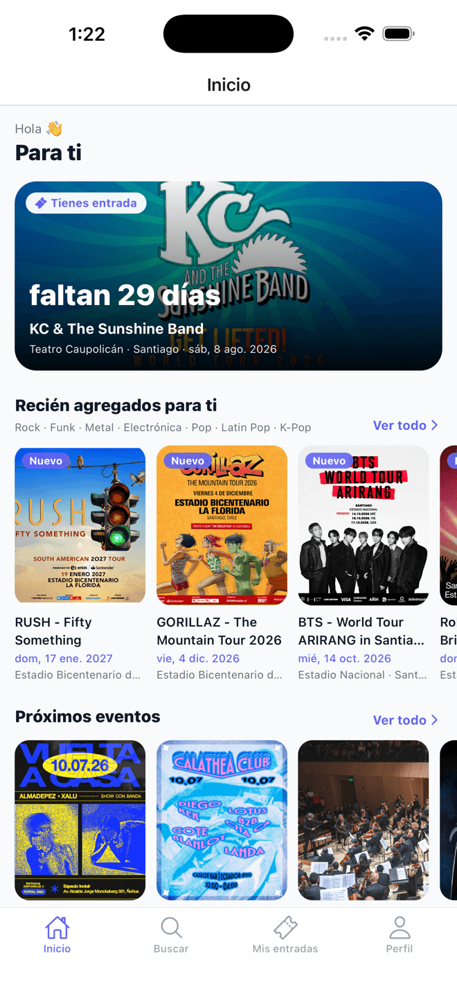 Pantalla de inicio de Resonar con la cartelera de conciertos