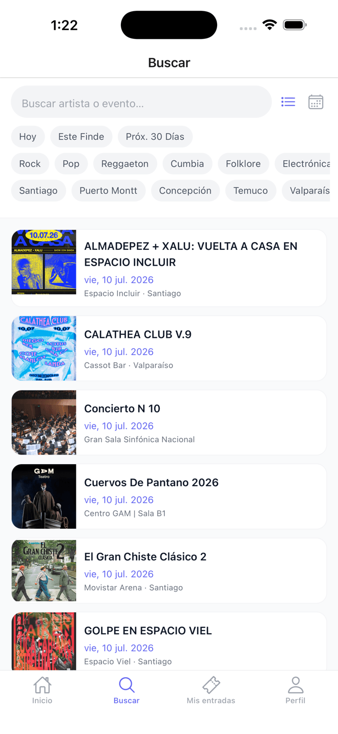Pantalla Buscar de Resonar — Encuentra artistas y shows