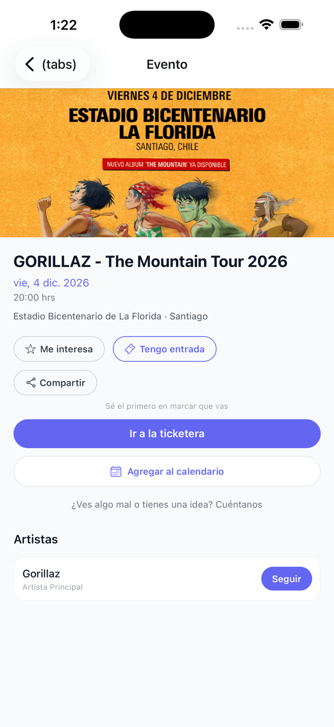 Pantalla Evento de Resonar — Detalle y compra segura